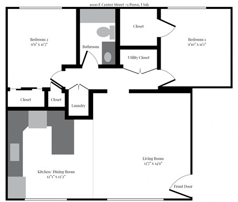 Floor plan for 2 beds, 1 bath, 1000 sqft